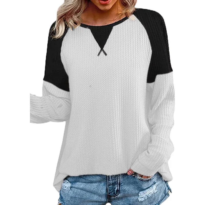 V Neck Long Sleeve Color Block Regular Micro-Elasticity Loose Blouse For Women