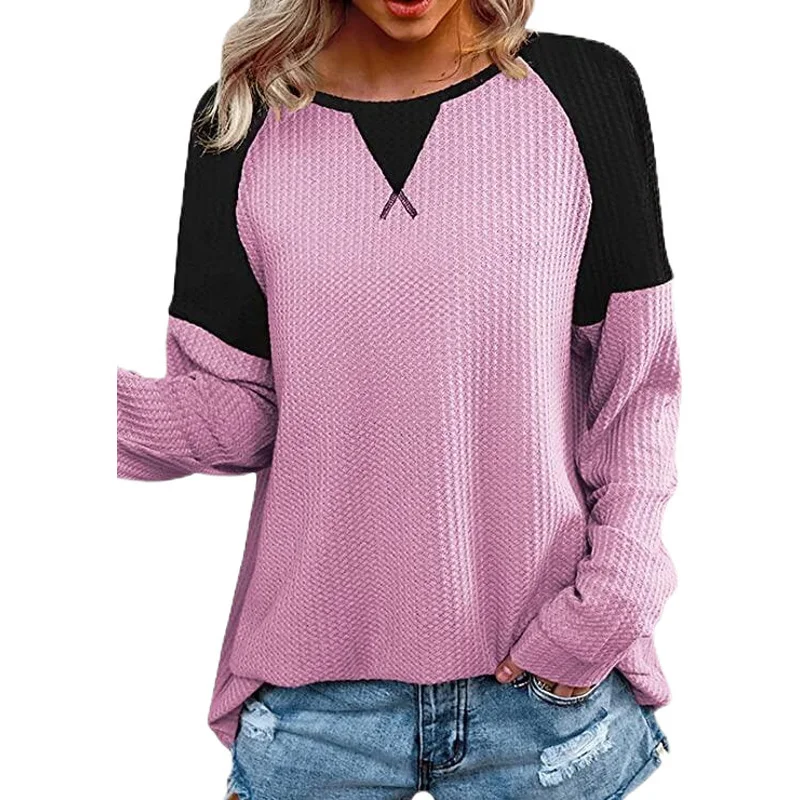 V Neck Long Sleeve Color Block Regular Micro-Elasticity Loose Blouse For Women