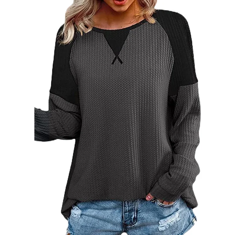 V Neck Long Sleeve Color Block Regular Micro-Elasticity Loose Blouse For Women