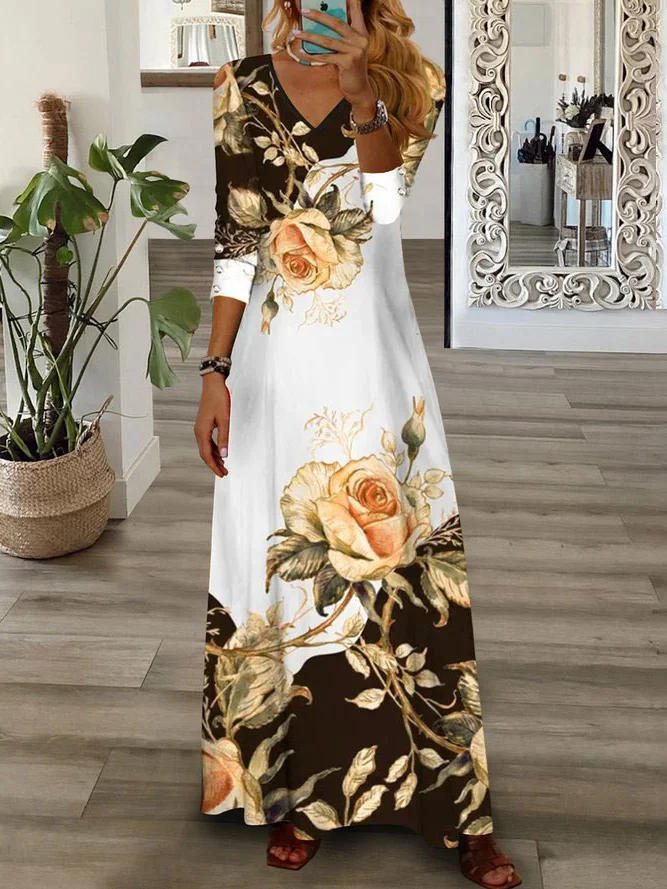 Women Floral V Neck Long Sleeve Comfy Casual Maxi Dress