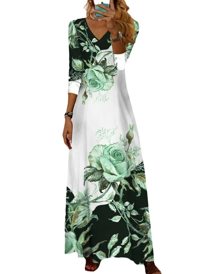 Women Floral V Neck Long Sleeve Comfy Casual Maxi Dress