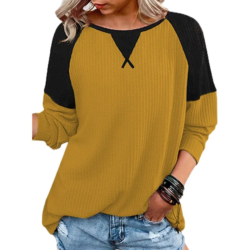 V Neck Long Sleeve Color Block Regular Micro-Elasticity Loose Blouse For Women