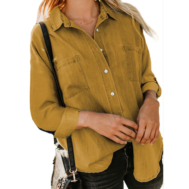 Shirt Collar Long Sleeve Plain Regular Loose Shirt For Women