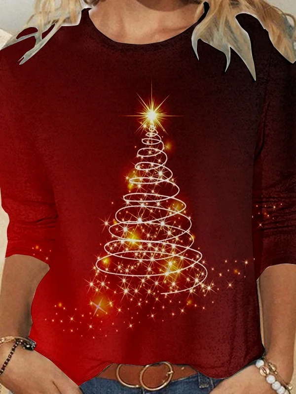 Casual Christmas Crew Neck Long Sleeve T-shirt