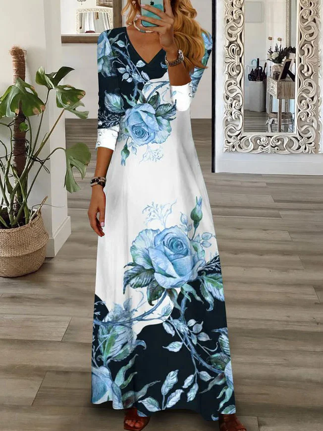 Women Floral V Neck Long Sleeve Comfy Casual Maxi Dress