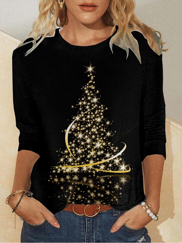 Casual Christmas Crew Neck Long Sleeve T-shirt