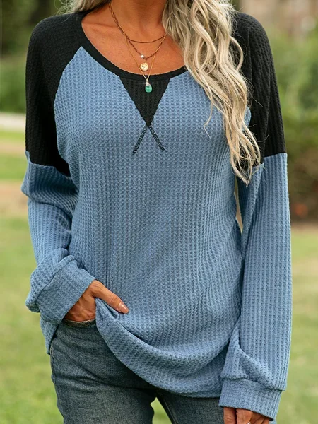 V Neck Long Sleeve Color Block Regular Micro-Elasticity Loose Blouse For Women