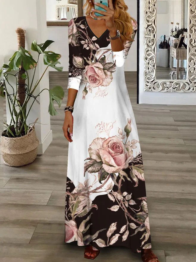 Women Floral V Neck Long Sleeve Comfy Casual Maxi Dress