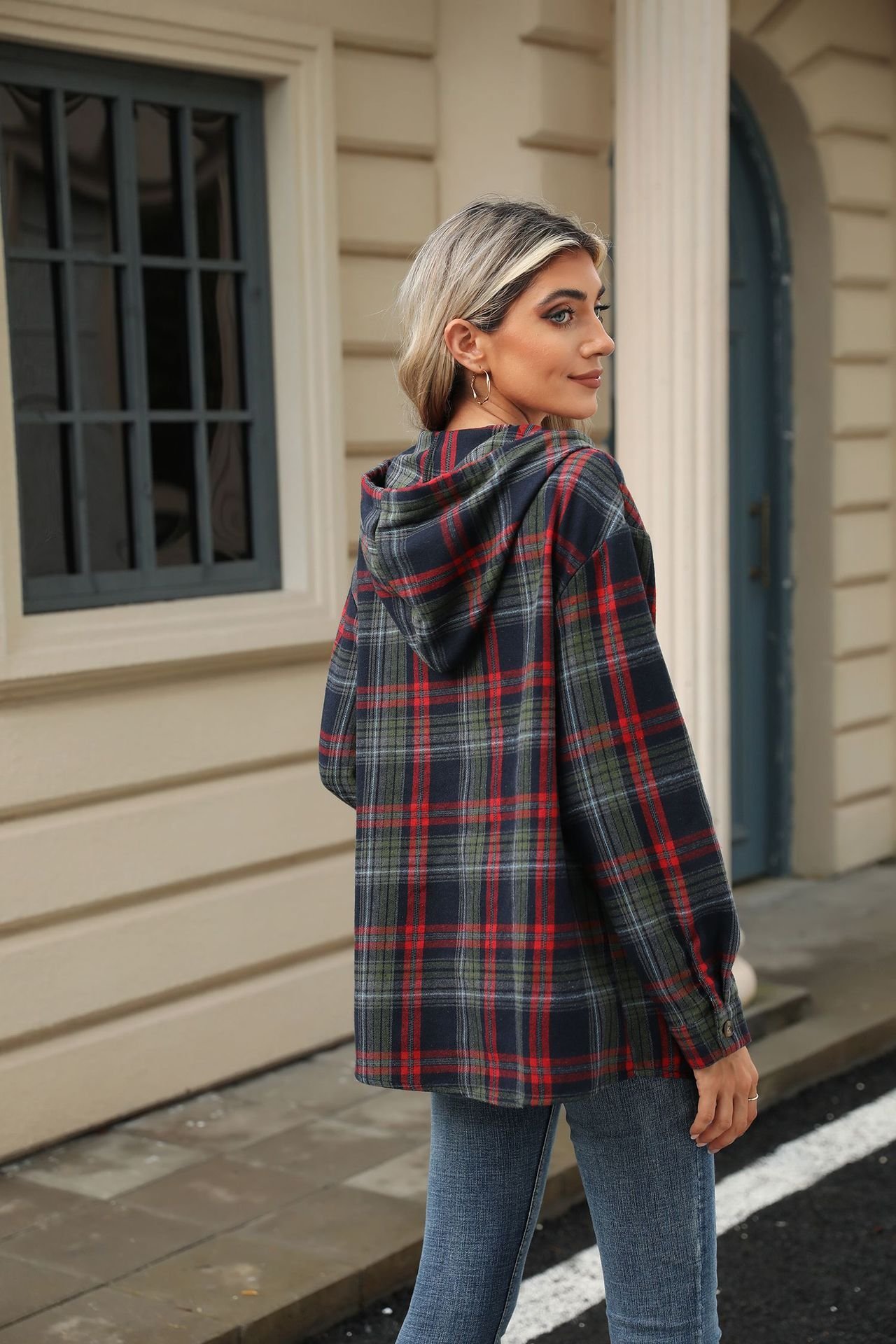 Casual Hoodie Plaid Hoodie Buckle