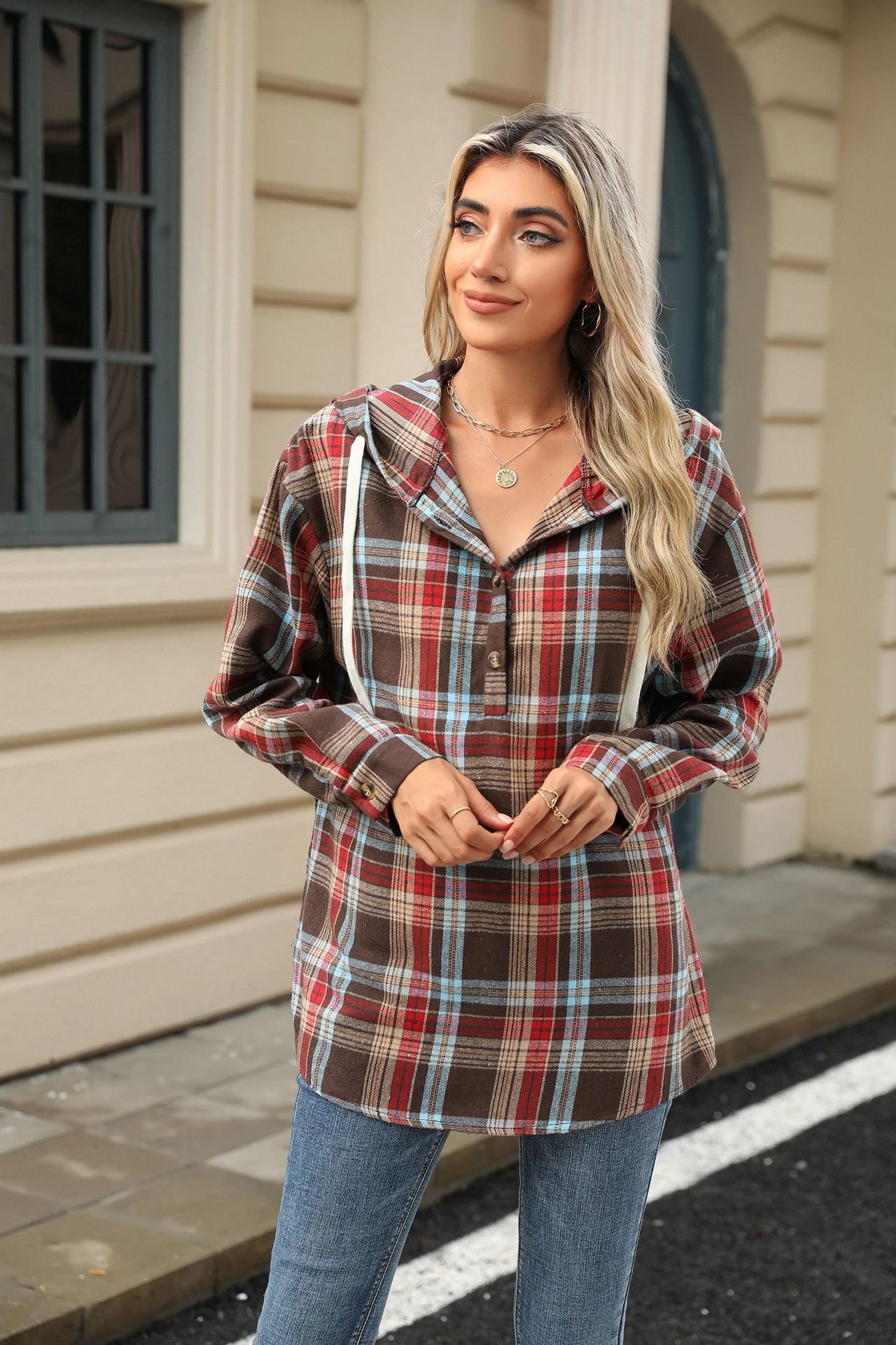 Casual Hoodie Plaid Hoodie Buckle