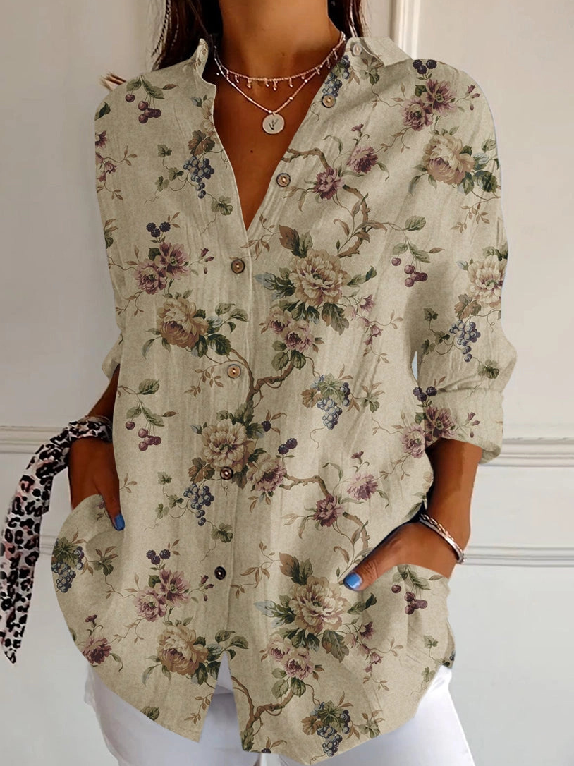 Shirt Collar Long Sleeve Floral Regular Loose Shirt For Women