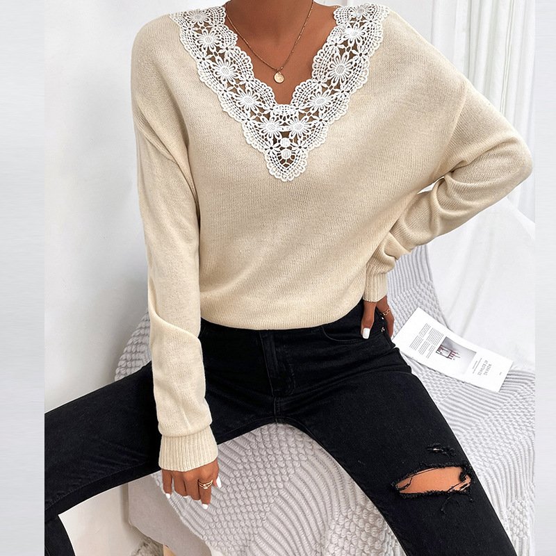 Women Yarn/Wool Yarn Striped Long Sleeve Comfy Casual Lace Sweater