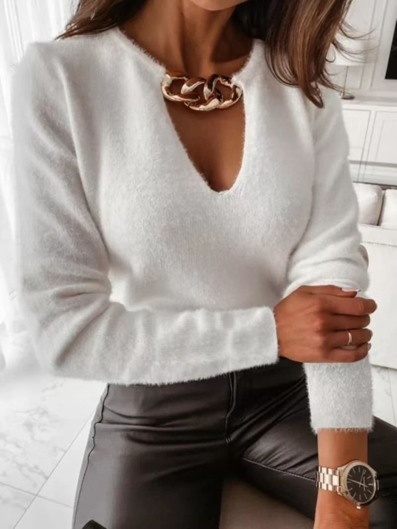 Women Yarn/Wool Yarn Plain Long Sleeve Comfy Casual Sweater