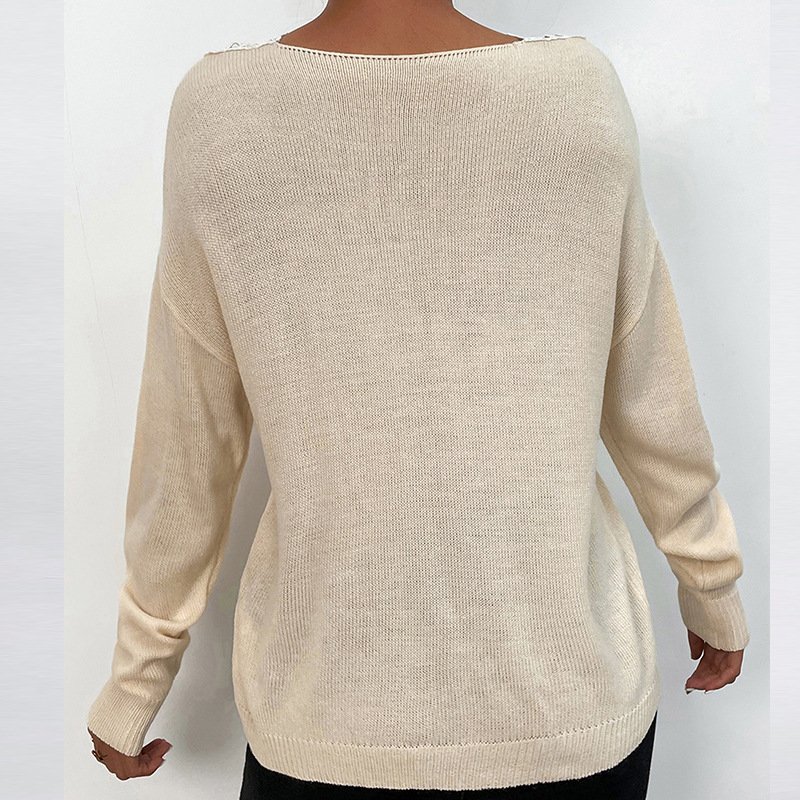 Women Yarn/Wool Yarn Striped Long Sleeve Comfy Casual Lace Sweater