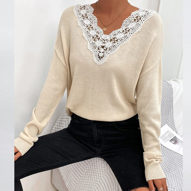 Women Yarn/Wool Yarn Striped Long Sleeve Comfy Casual Lace Sweater