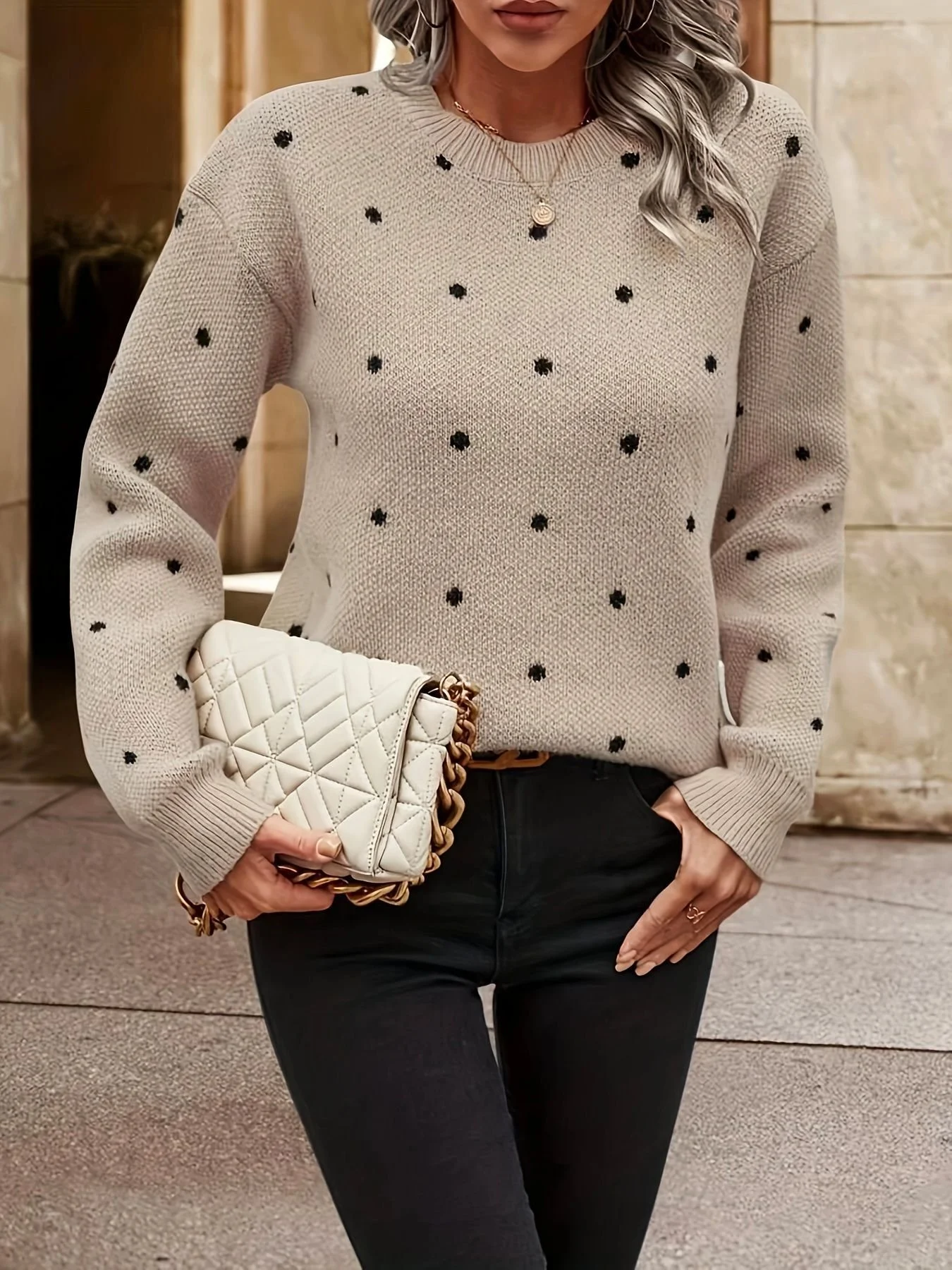 Women Wool/Knitting Polka Dots Long Sleeve Comfy Casual Sweater