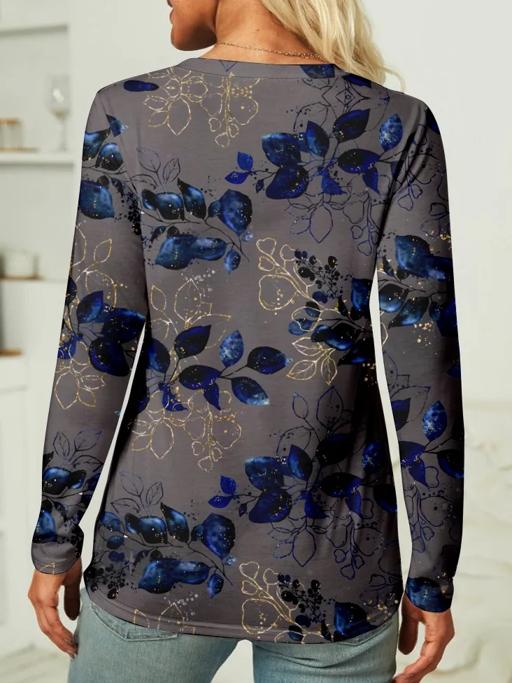 Crew Neck Long Sleeve Floral Regular Micro-Elasticity Regular Fit Blouse For Women