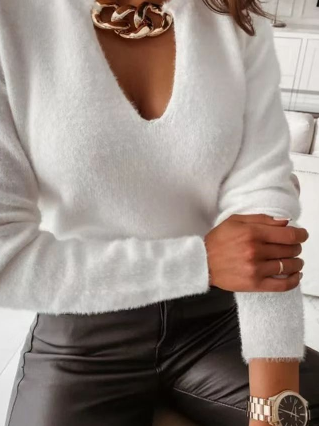 Women Yarn/Wool Yarn Plain Long Sleeve Comfy Casual Sweater