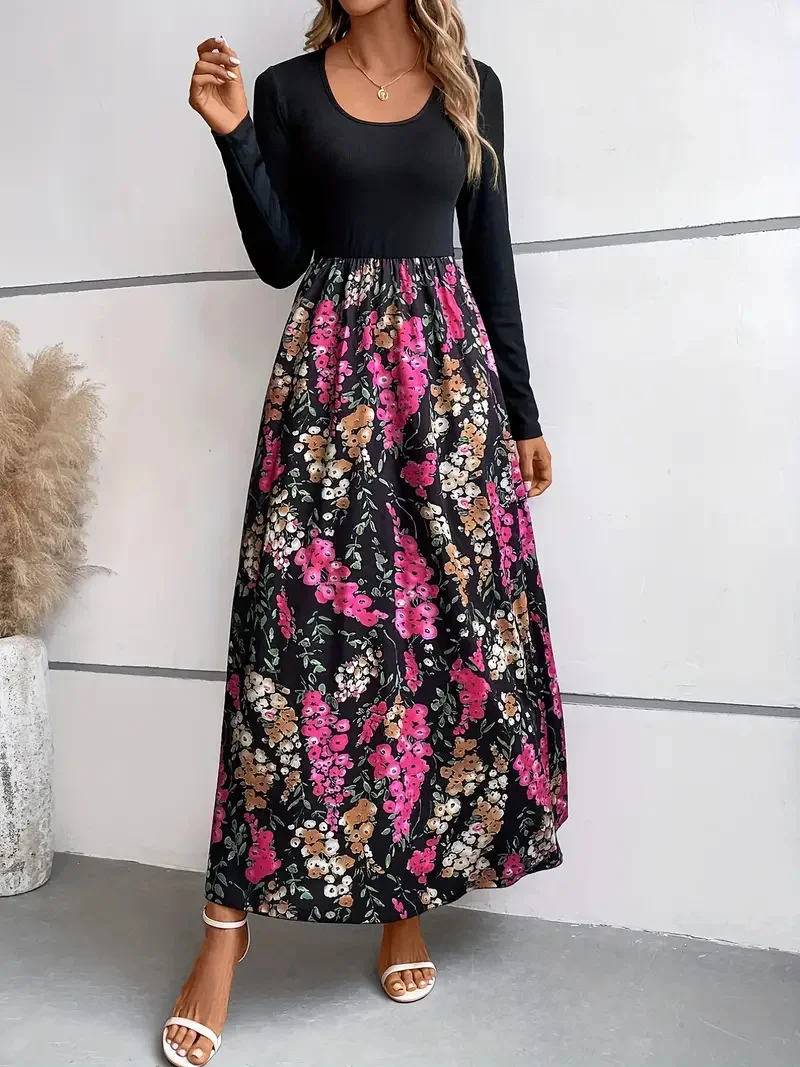 Women Floral Crew Neck Long Sleeve Comfy Casual Maxi Dress