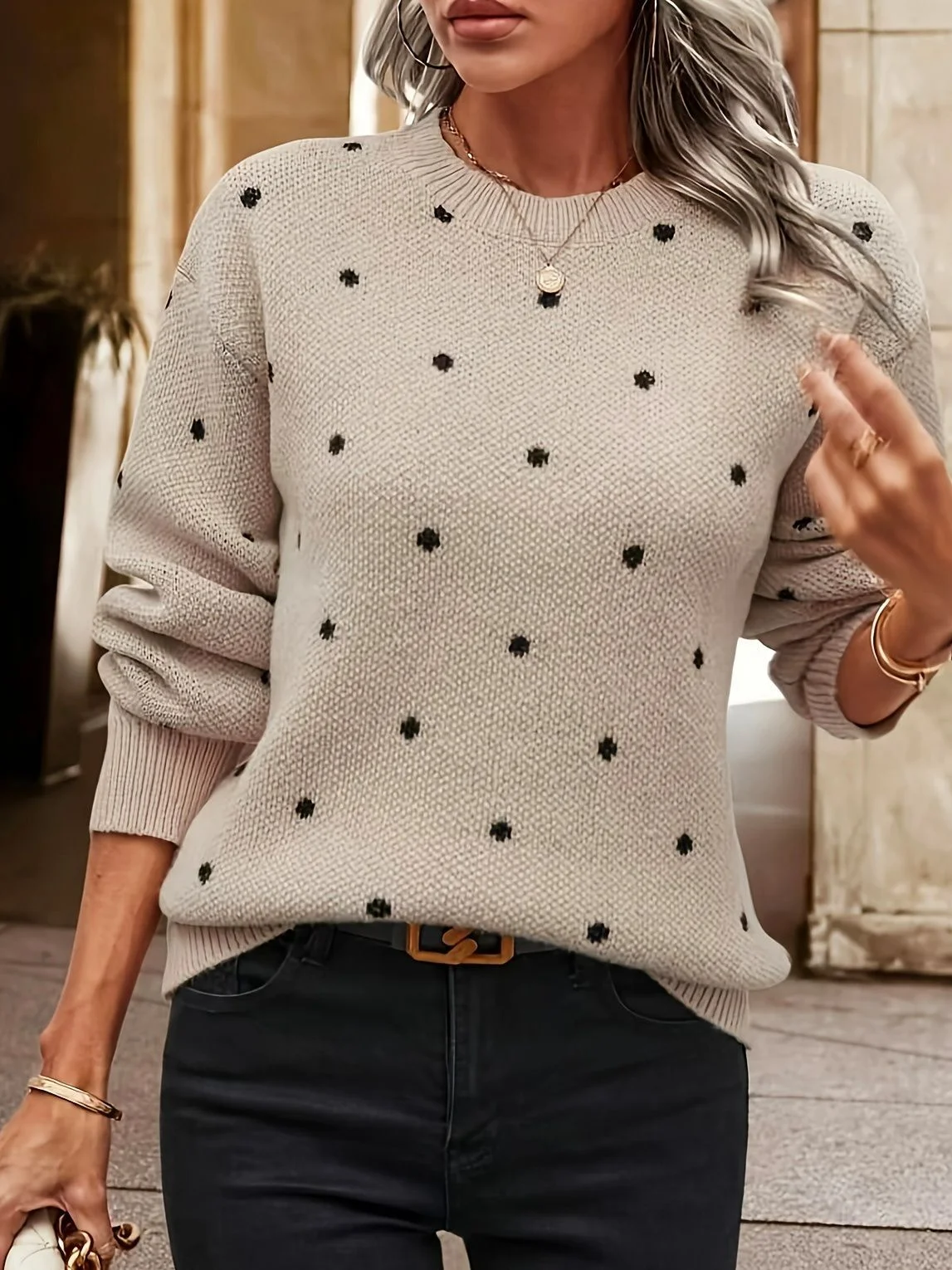 Women Wool/Knitting Polka Dots Long Sleeve Comfy Casual Sweater