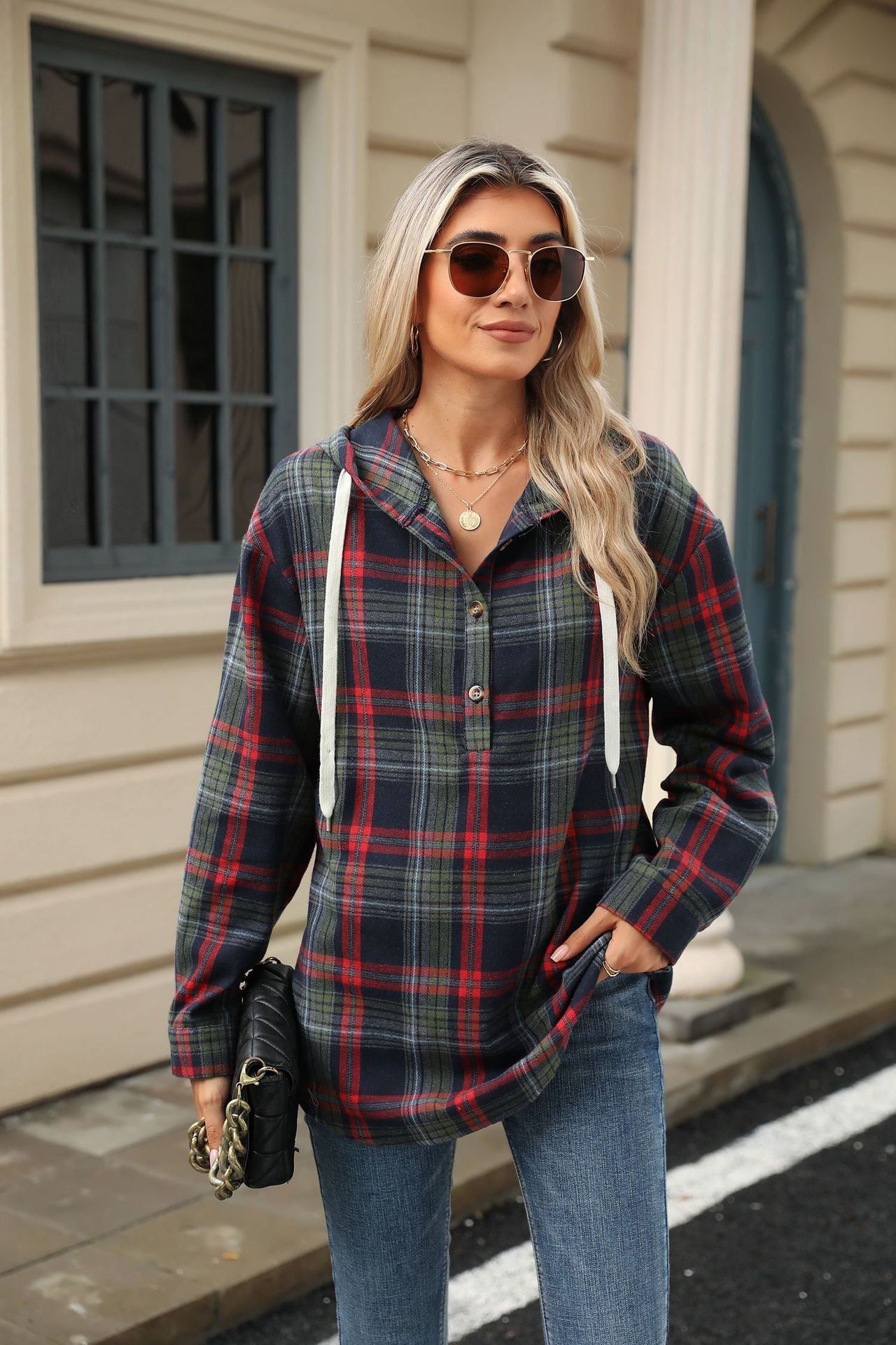 Casual Hoodie Plaid Hoodie Buckle