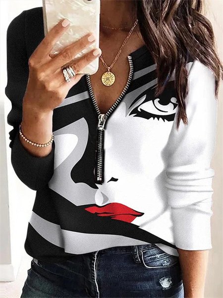 V Neck Long Sleeve Plain Zipper Regular Loose Blouse For Women