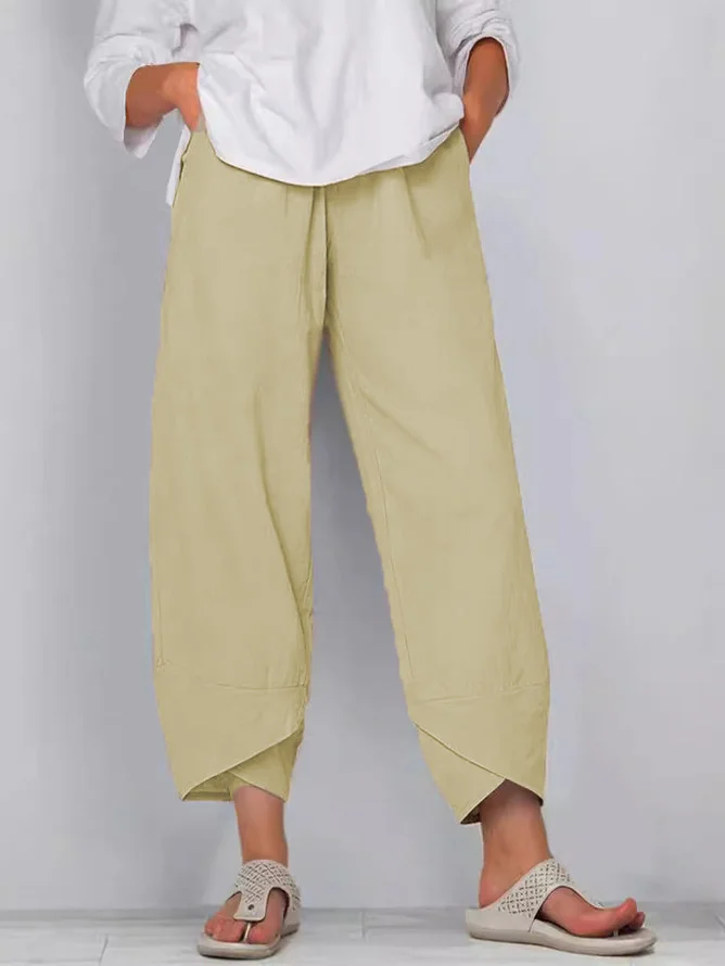 Casual Plain Ankle Pants Elastic Waist Pocket Stitching Pants