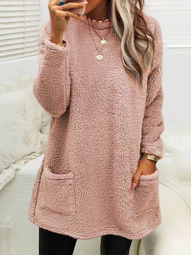 Women Plain Crew Neck Long Sleeve Comfy Casual Midi Dress