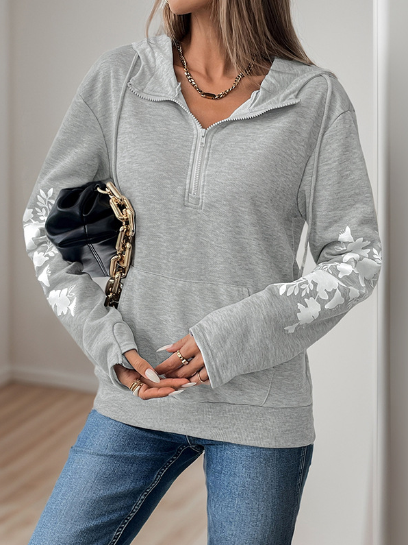 Casual Hoodie Floral Sweatshirt Zipper