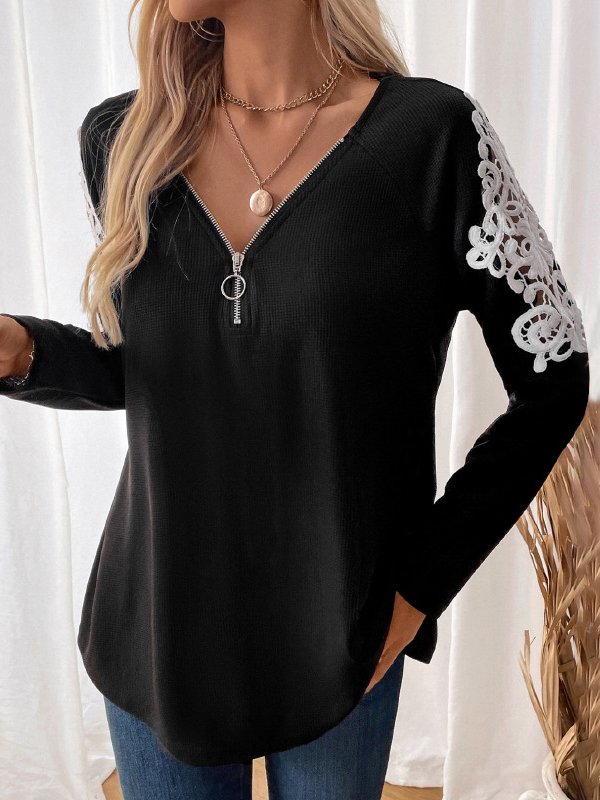 V Neck Long Sleeve Plain Zipper Regular Loose Blouse For Women