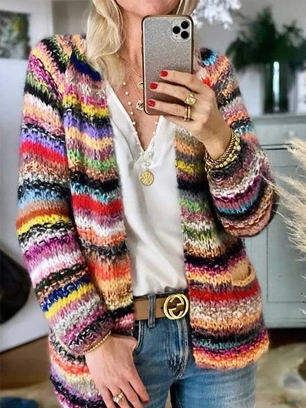 Women Striped Long Sleeve Comfy Vintage Cardigan