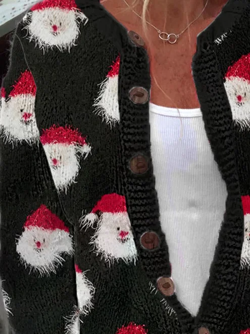 Women Christmas Santa Knitted Long Sleeve Comfy Casual Cardigan