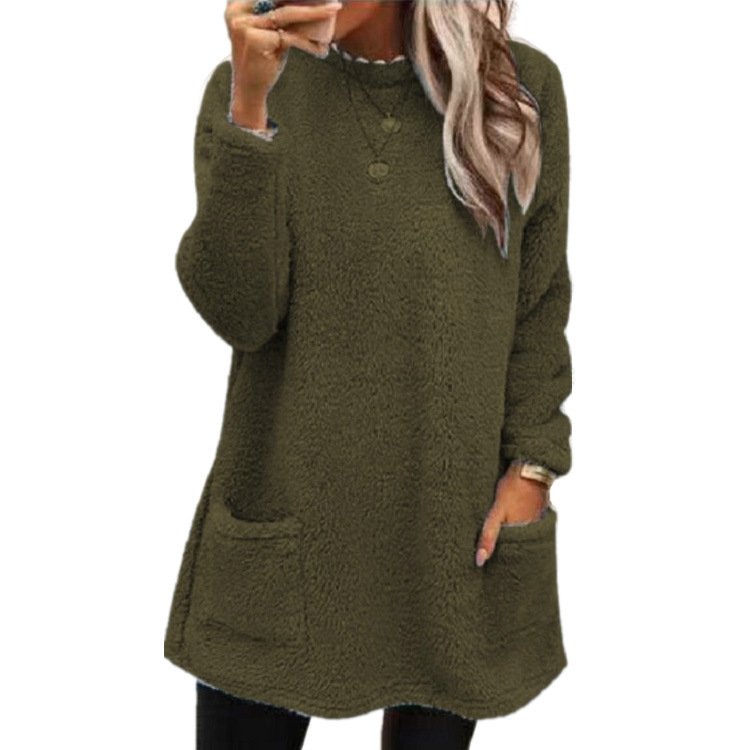 Women Plain Crew Neck Long Sleeve Comfy Casual Midi Dress