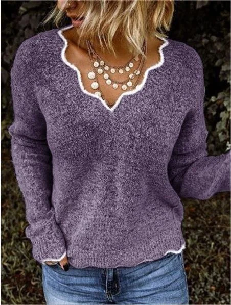 Women Knitted Plain Long Sleeve Comfy Vintage Sweater