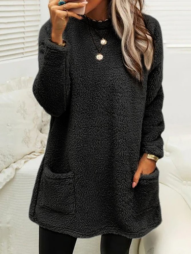 Women Plain Crew Neck Long Sleeve Comfy Casual Midi Dress