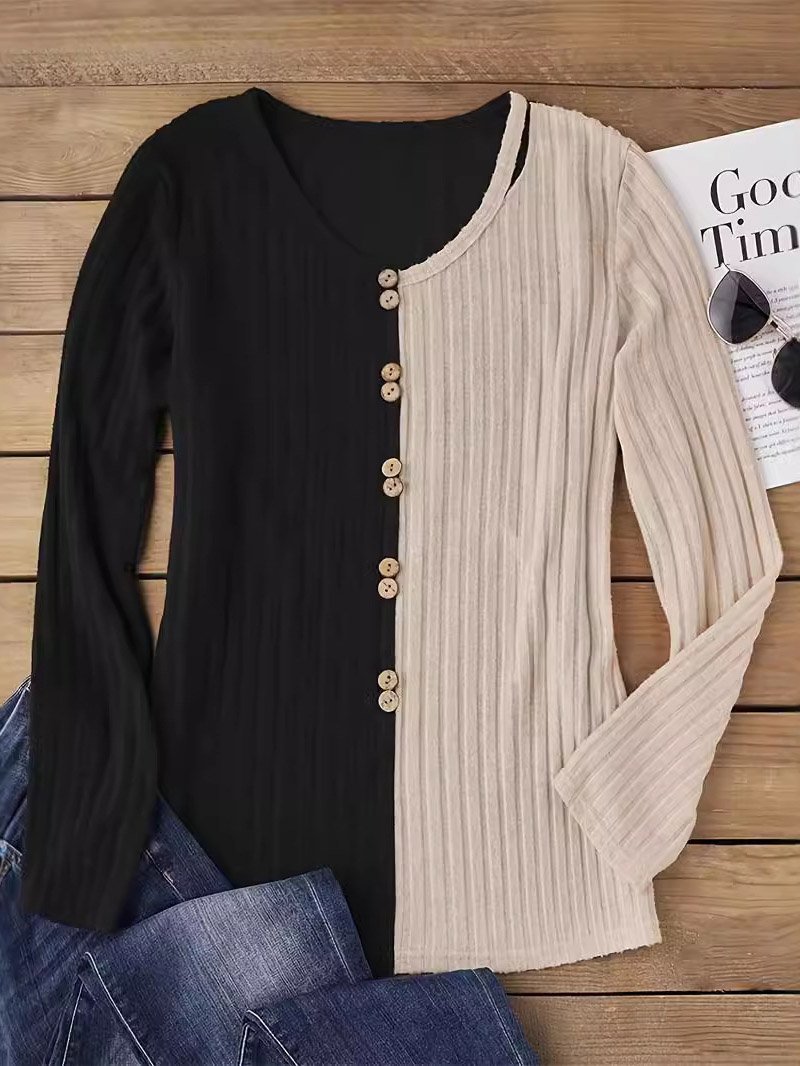 V Neck Long Sleeve Color Block Regular Micro-Elasticity Loose Blouse For Women