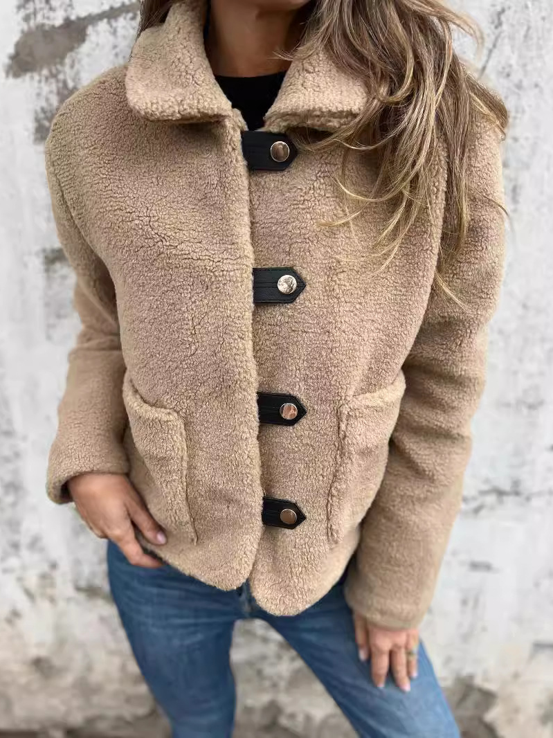 Women's Plain Sherpa Jacket Buckle Regular Regular Fit Teddy Jacket