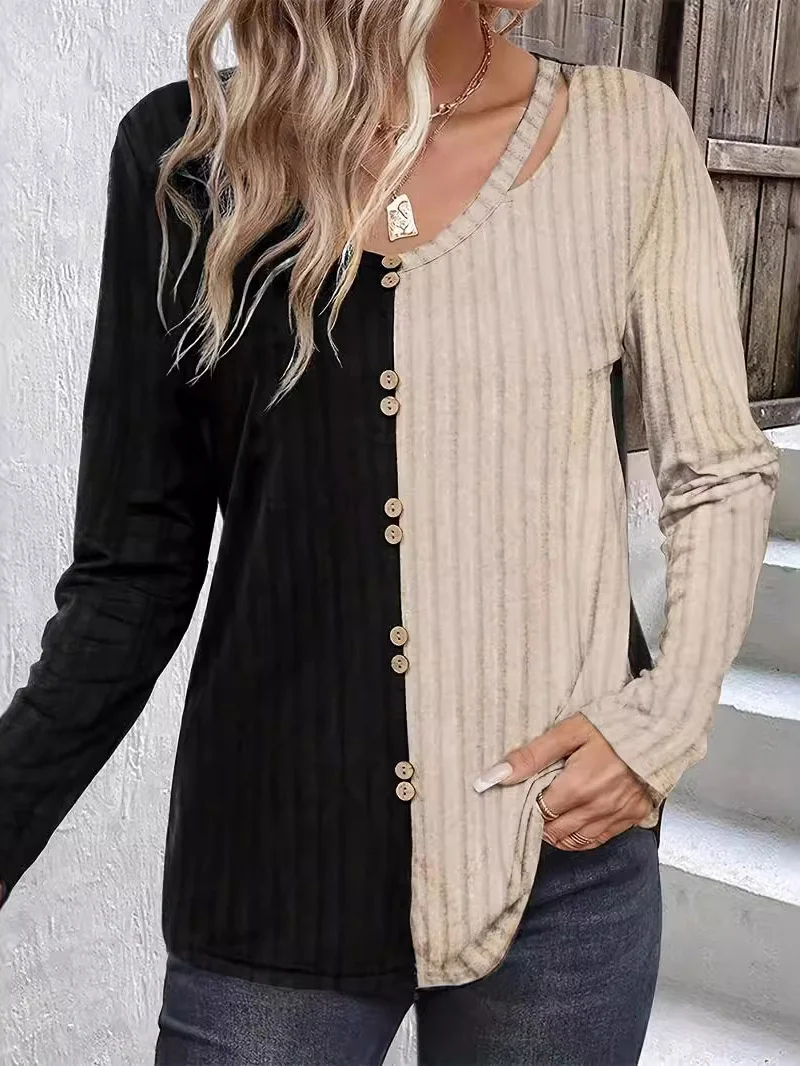 V Neck Long Sleeve Color Block Regular Micro-Elasticity Loose Blouse For Women