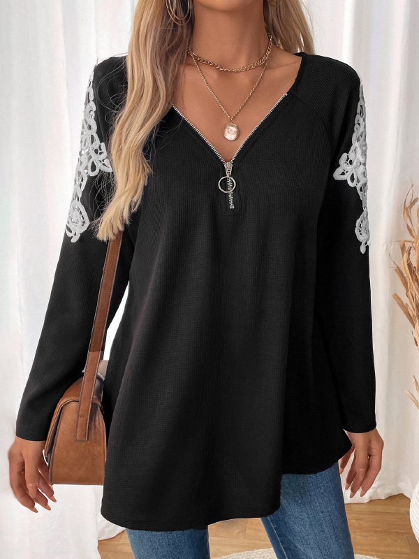 V Neck Long Sleeve Plain Zipper Regular Loose Blouse For Women