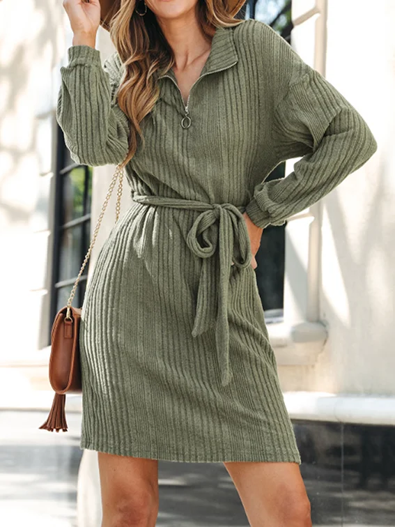 Women Plain V Neck Long Sleeve Comfy Casual Zipper Knee Length Dress