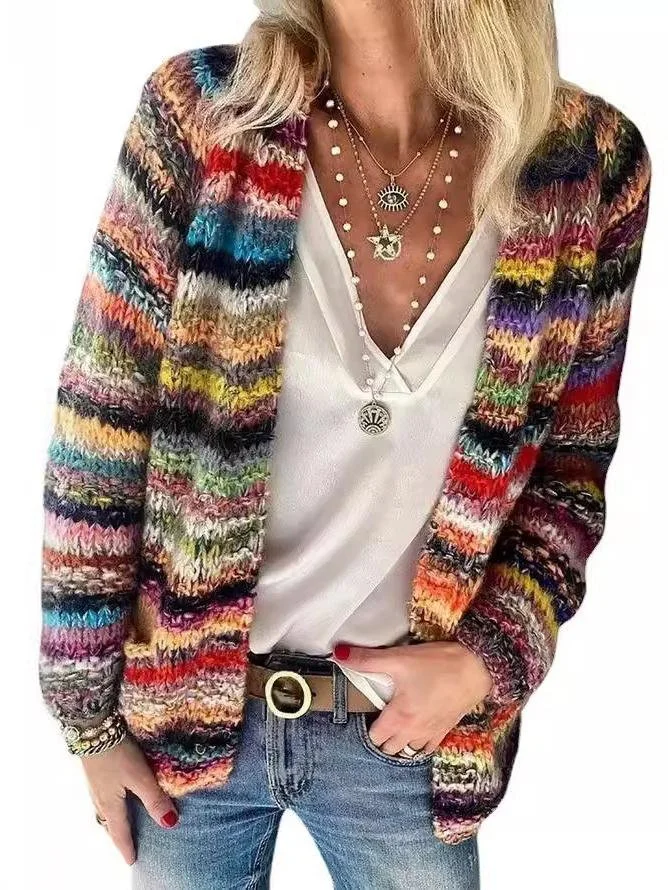 Women Striped Long Sleeve Comfy Vintage Cardigan