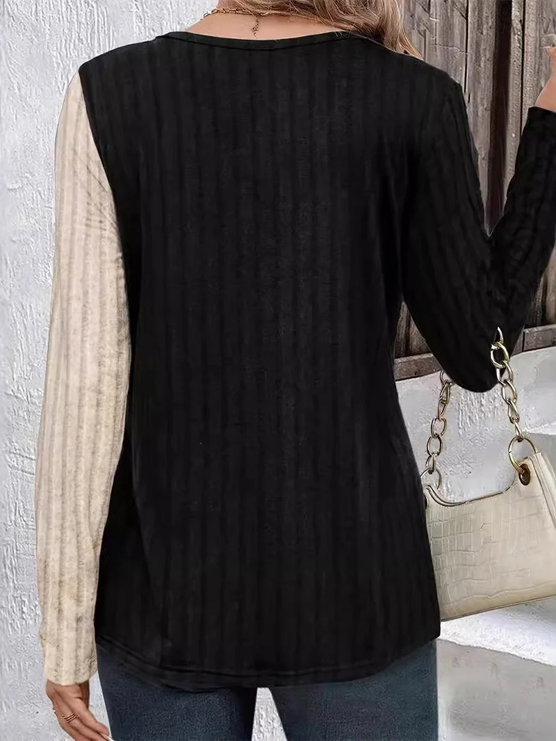 V Neck Long Sleeve Color Block Regular Micro-Elasticity Loose Blouse For Women