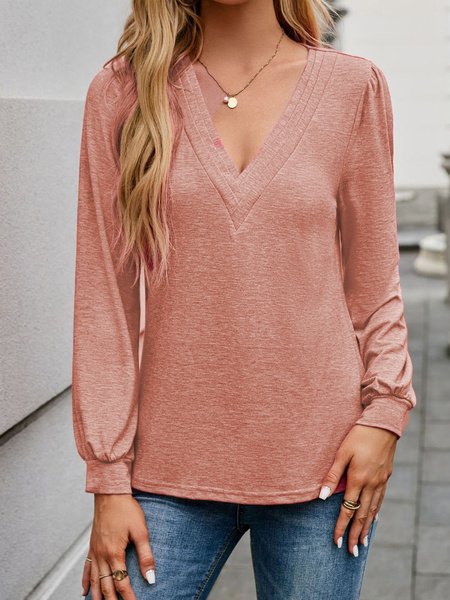 Casual Plain V Neck Long Sleeve T-shirt