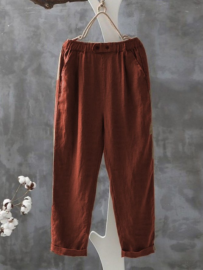 Casual Cotton Plain Ankle Pants Elastic Waist Pocket Stitching Pants