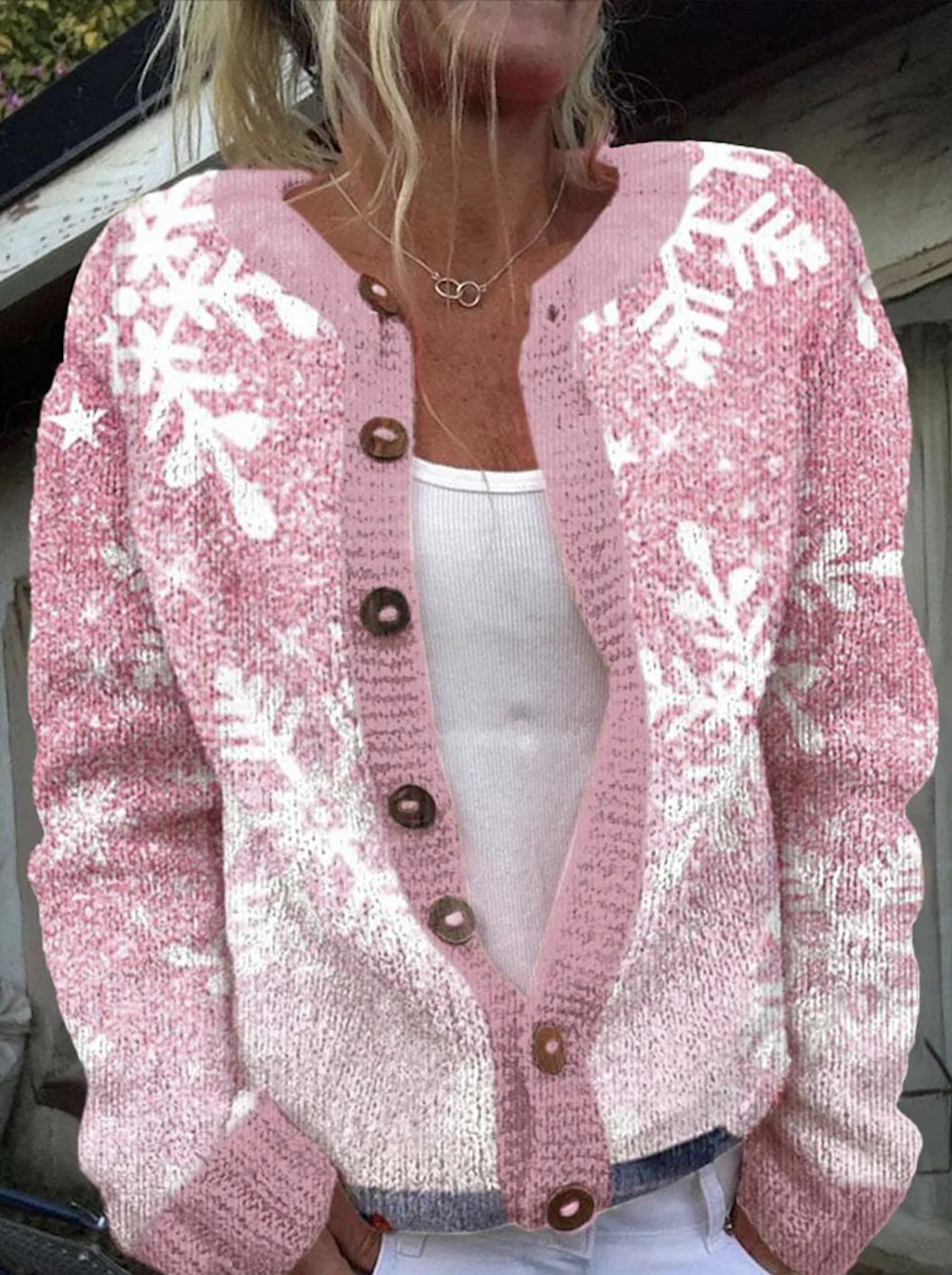 Women Christmas Snowflakes Knitted Long Sleeve Comfy Casual Cardigan