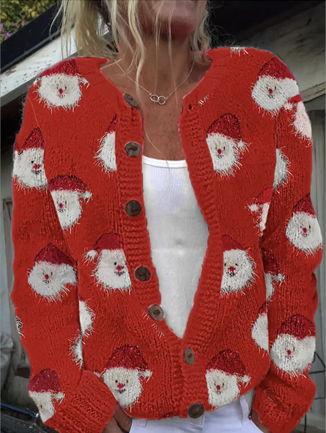 Women Christmas Santa Knitted Floral Long Sleeve Comfy Casual Cardigan