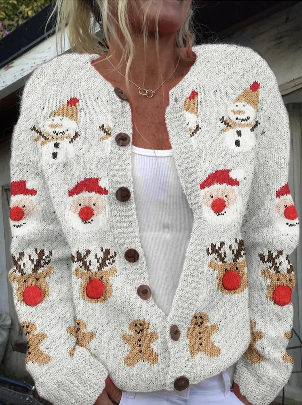 Women Christmas Knitted Floral Long Sleeve Comfy Casual Cardigan