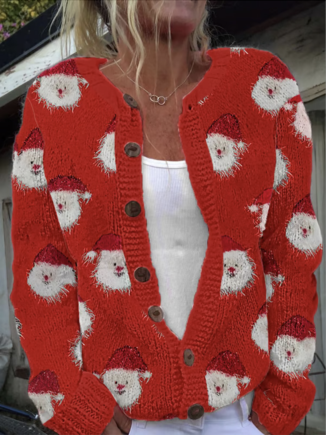 Women Christmas Santa Knitted Floral Long Sleeve Comfy Casual Cardigan