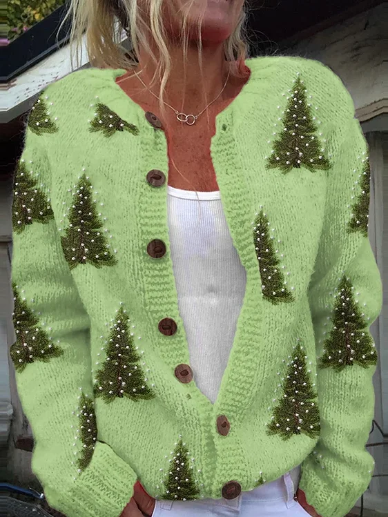 Women Christmas Knitted Color Block Long Sleeve Comfy Casual Cardigan