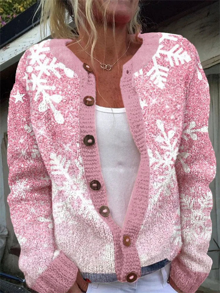 Women Christmas Snowflakes Knitted Long Sleeve Comfy Casual Cardigan